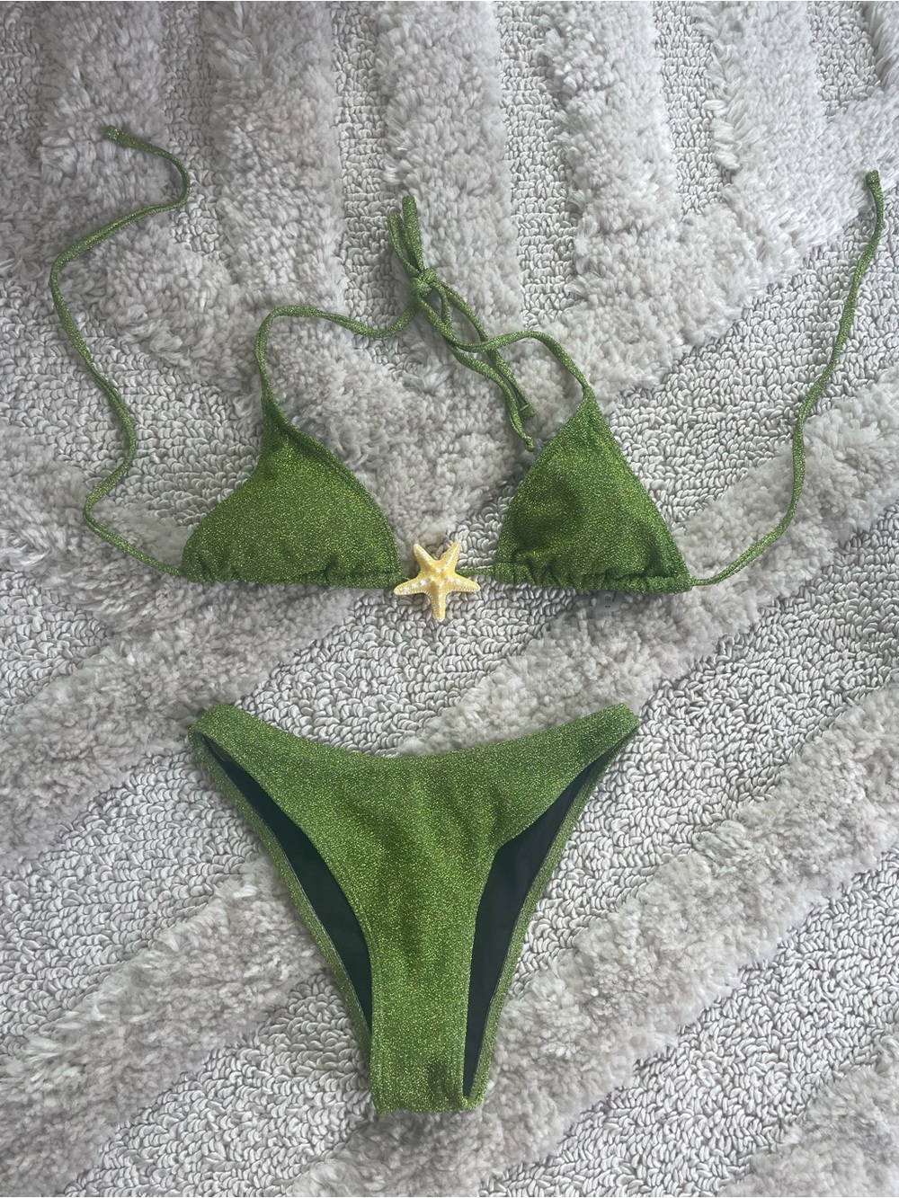 Green Shimmer Triangle Bikini Set with starfish detail